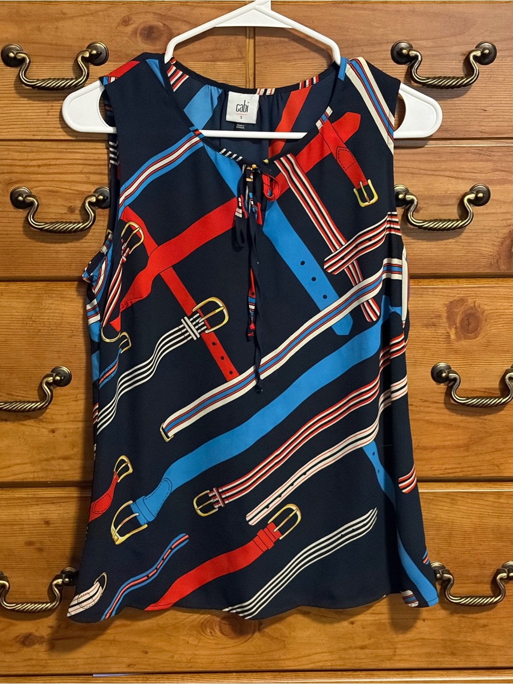 CAbi Navy Sleeveless Belt-Print Tie-Neck Camisole